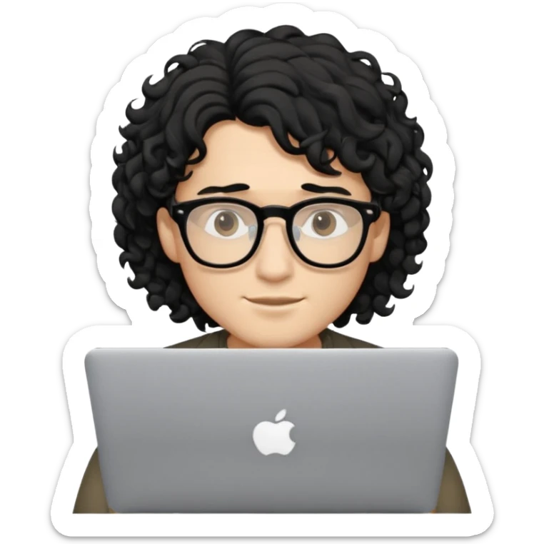 guy with wavy kinda curly black hair and light-to-medium skin tone and glasses, with a macbook sticker