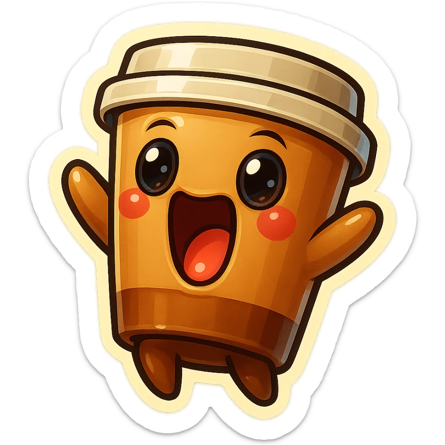 Tall coffee cup, wild, over the top, excited, big eyes, big mouth, screaming, tilted back sticker