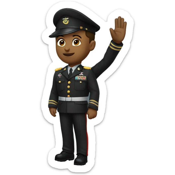 A first lieutenant wearing a black military jacket and giving a military salute sticker