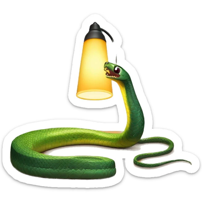 A snake on a desk. The snakes head should be replaced with a lamp. The snakes tail should be connected to a battery sticker