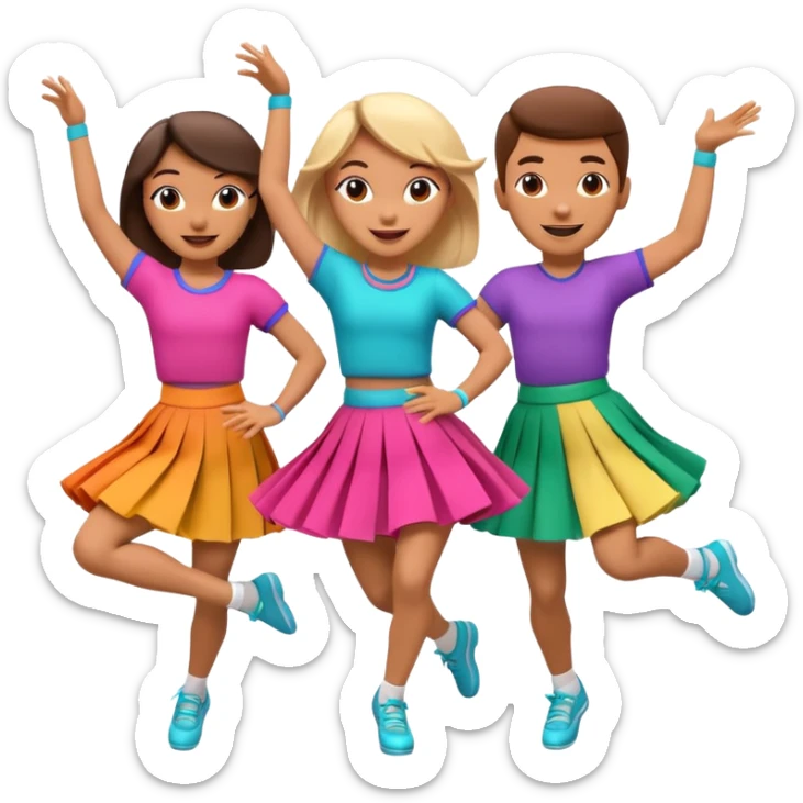 Three 3D cartoon dancers in colorful skirts kicking in rhythm, cheerful pose, bright studio background, Memoji-style. sticker