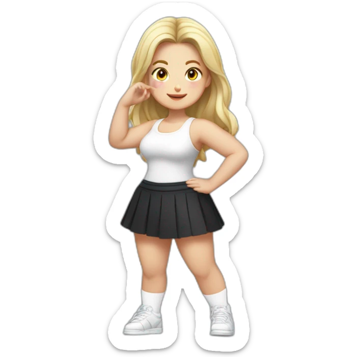 Front view full body curvy caucasian beauty squats straight hands up black skirt white knickers white socks sticker