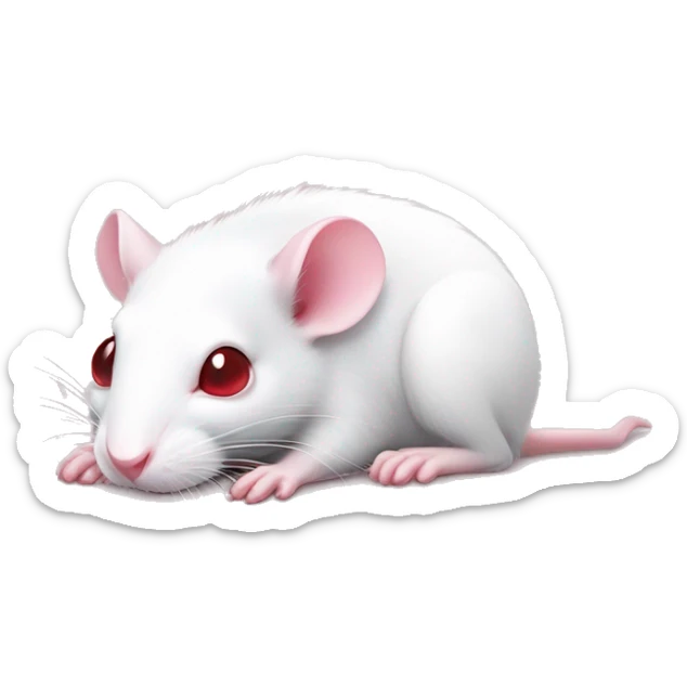Realistic white rat with small ears, bright red eyes and baby pink tail and baby pink paws in sleeping position neutral face eyes open body is lying down curled up sticker