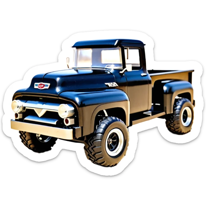 1:10 off-road lcg smoking rusting Arrma Traxxas Basher style Wednesday Adam’s 1954 blackened tarnished hotrod utility streamlined anime Ford Lego zombie extended cab rc bulging pickup (extra wide low-profile pin tires chrome wheels with fenders) sticker
