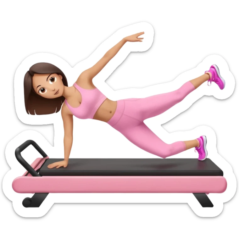 white brunette girl in light pink workout clothes doing a plank on a reformer sticker