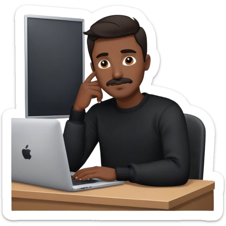 **"Apple-style memoji of a man with dark hair, black eyes, slight beard and mustache, wearing a black sweater. He sits at his desk with a laptop in hand, minimalistic and modern."** sticker