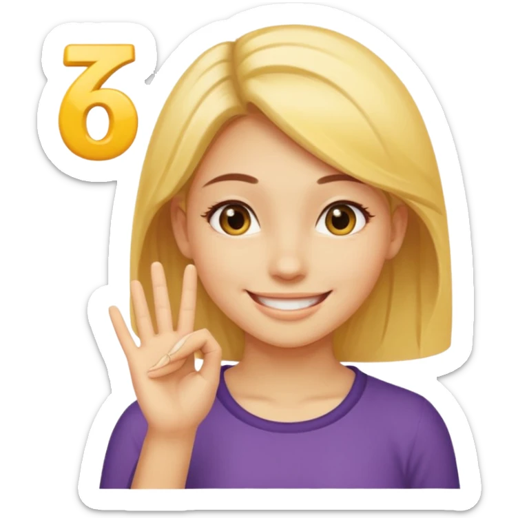 yellow smiling face girl with one hand flat under chin. With the number 6 on the left hand and the number 7 on the right hand sticker