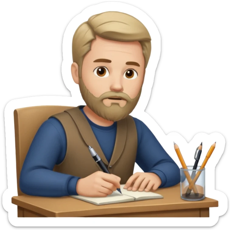 un escritor con barba y cabello medio largo raya en medio, escribiendo sticker