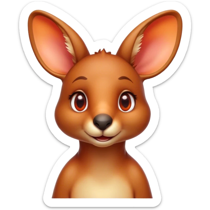Cinematic Cute Kangaroo Portrait Emoji, Head tilted playfully and inquisitively, featuring a glossy red-orange fur with soft, rounded ears and round, sparkling amber eyes full of curious mischief, Simplified yet irresistibly adorable features, highly detailed, glowing with a warm, friendly glow, high shine, affectionate and bouncy, stylized with a touch of outback whimsy, bright and endearing, soft glowing outline, capturing the essence of a mischievous yet loving kangaroo, so playful it feels like it could hop out of the screen and into your arms! sticker