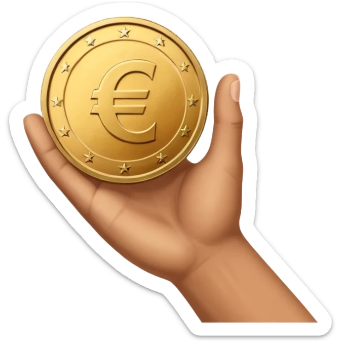 An open hand facing upwards holding a coin with a euro symbol in the center. The coin is placed slightly above the palm, symbolizing financial support or budget. sticker