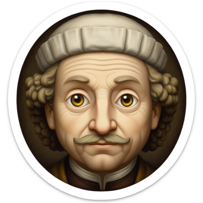 Cinematic Realistic Rembrandt Portrait Emoji, depicted as a master painter with deep reflective eyes and dramatic chiaroscuro, rendered with intricate textures and moody historic lighting that captures his timeless artistry. sticker