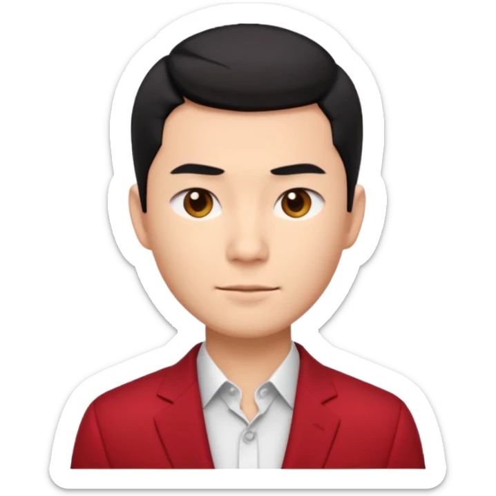 cool handsome Asian man emoji, short black hair styled with exposed forehead, natural slick hairstyle, sharp facial features, fair skin, confident eyes, subtle smirk, wearing dark red suit and white shirt with top buttons undone sticker