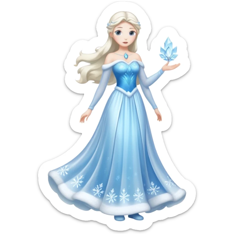 An ice Snow Maiden character, full body, standing in side view, made of translucent ice, winter fairy tale style. sticker