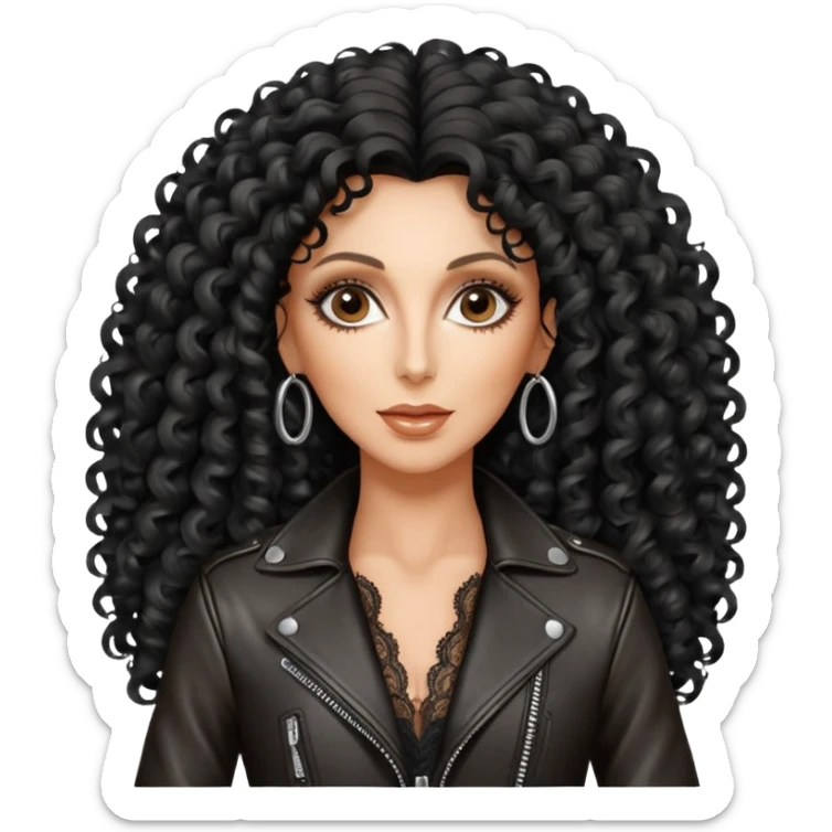 realistic cinematic singer Cher in a typical rocker's attractive outfit with leather and lace, half-naked, huge curly hair like in the video If I Could Turn Back Time sticker