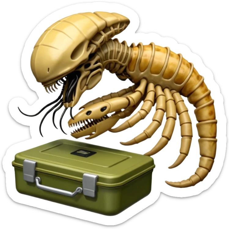 The Predator, as in the 1987 movie, eating an Alien facehugger from a lunchbox, the setting should be dark and sci-fi. sticker