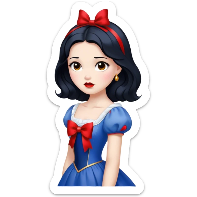 Cinematic Elegant Snow White Portrait Emoji, rendered in a realistic, vector-style with minimal shading and bold, simplified shapes. Depict Snow White (chest and above) with flawless porcelain skin, expressive deep brown eyes, and lustrous raven hair neatly styled with a red bow, wearing her classic blue and gold dress. The image glows with a soft, pure radiance and high shine, capturing timeless beauty and gentle grace. sticker
