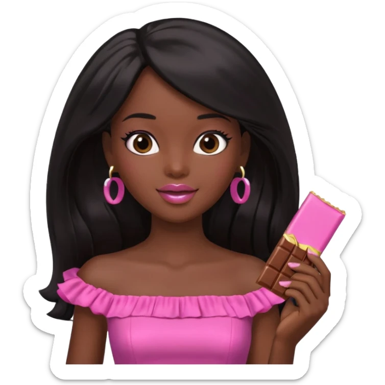 Black barbie, long black  hair, pink dress eating chocalate bar sticker