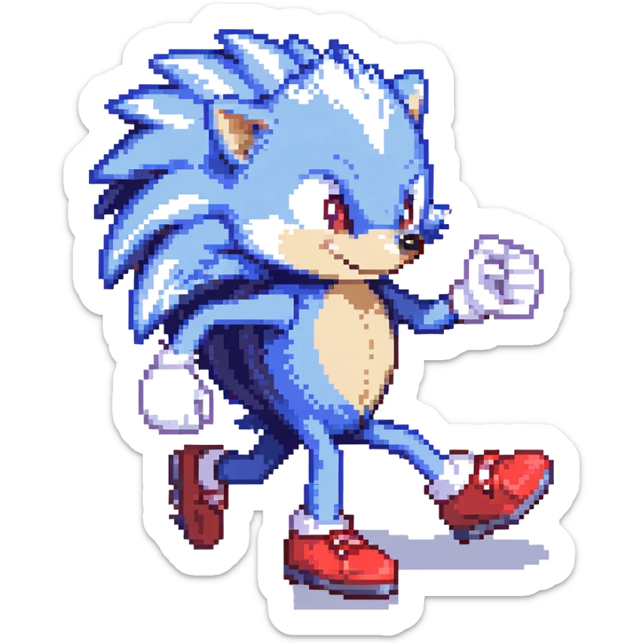 blue hedgehog with red shoes and white gloves, mid-run in a colorful Green Hill Zone with golden rings and motion lines, confident expression sticker