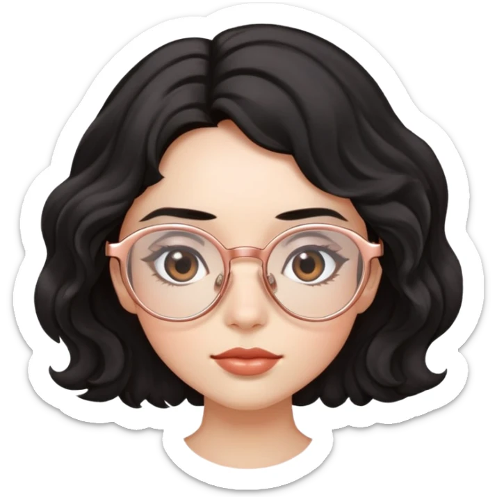 Mujer con cabellos ondulado negro con lentes de oro rosa ojos chino y pequeños  sticker