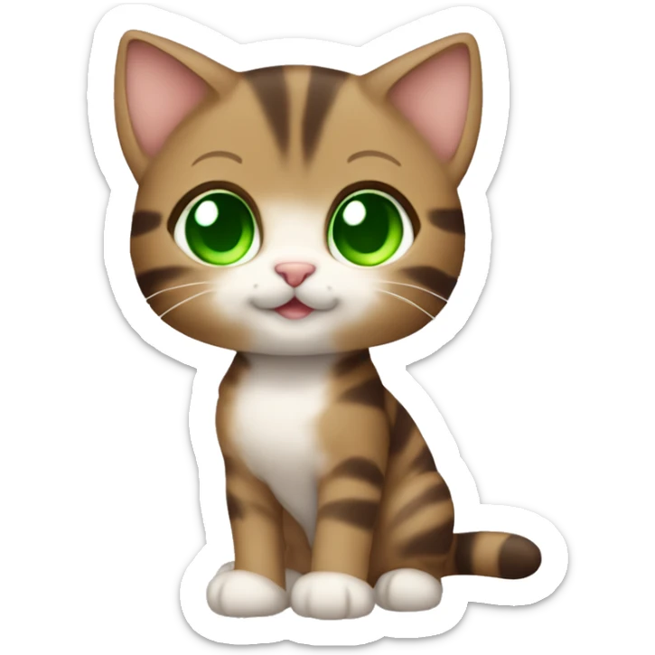 full body extremely cute kawaii brown tabby girl kitten with green eyes sticker