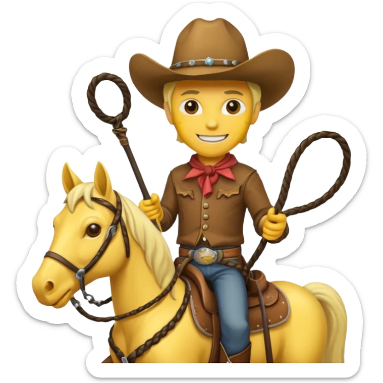 Cowboy riding a horse with whip. With yellow skin and smilling. Simplize it and I need a full pic with horse. Like I need the leg part too sticker