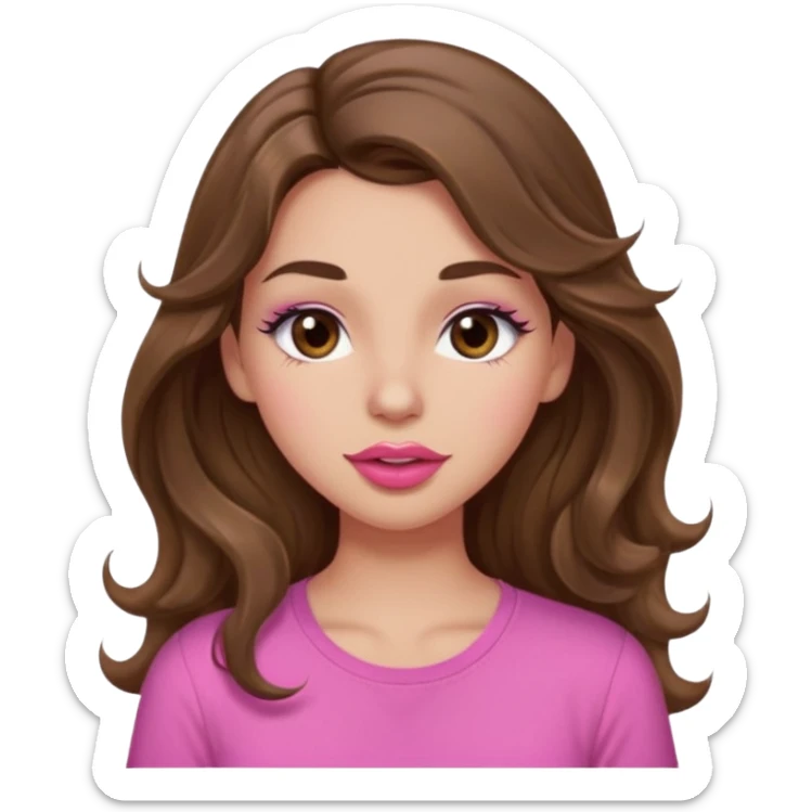 girl with long wavy brown hair, brown eyes, light to medium complexion, in a pink shirt, pink lips, long lashes, puckering lips kissing, winking sticker