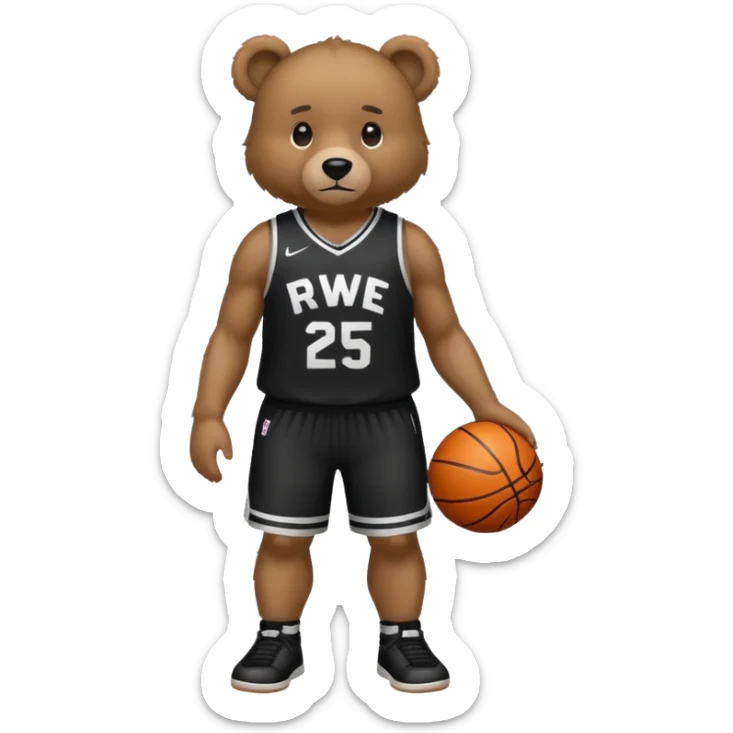Bear with full body and wearing basketball black jersey that says RWE  sticker