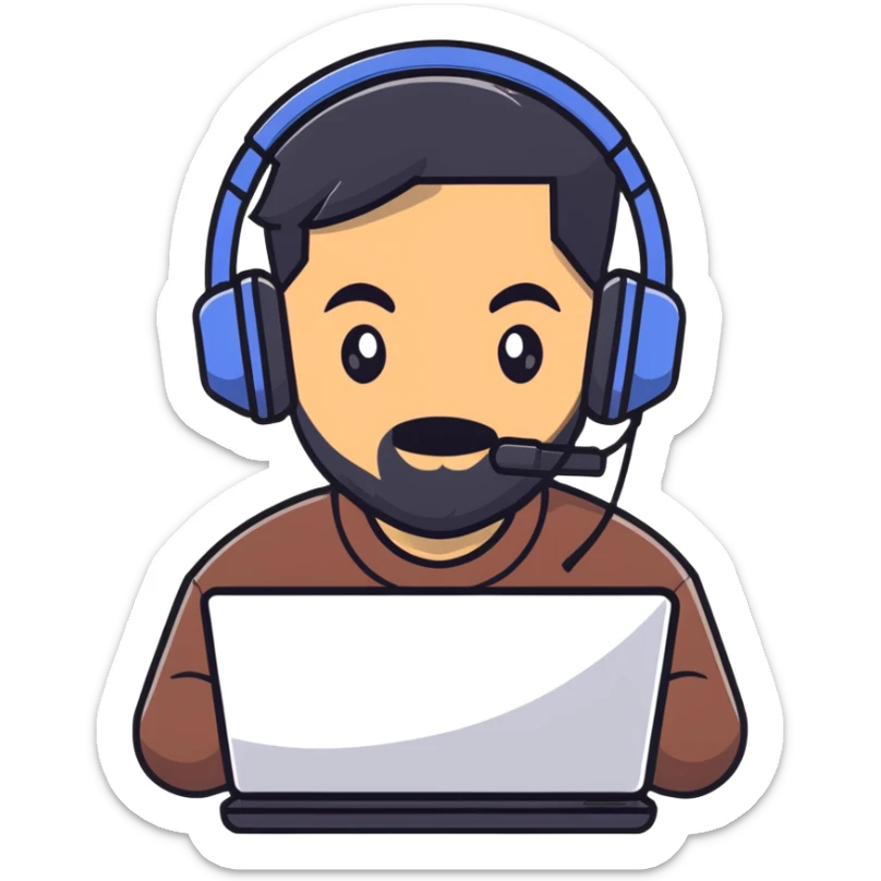 A gamer with black hair, brown eyes, and a black beard wearing a gaming headset with a thankful expression sticker