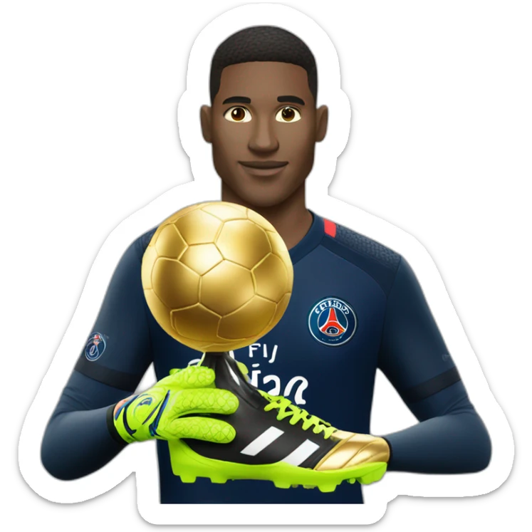 PSG goalkeeper, with white skin color, holding the golden ball sticker