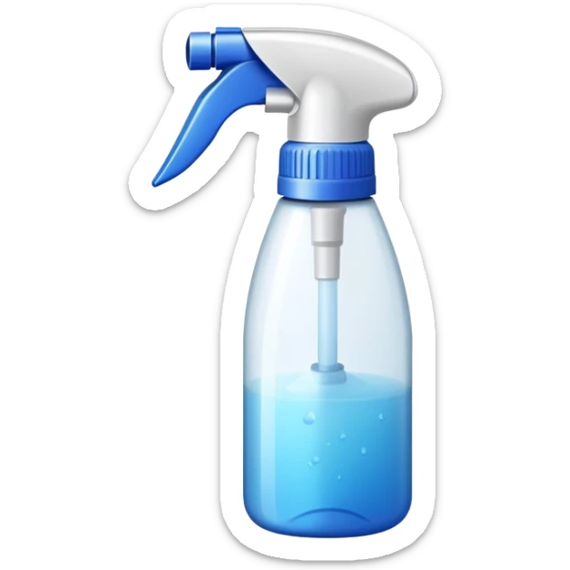 An emoji of a spray bottle actively spraying mist. A fine mist of tiny particles is visible in the air as the nozzle releases the spray. Can resemble a perfume, cologne, or cleaning product. Transparent bottle with a trigger or press nozzle, slightly tilted while spraying sticker