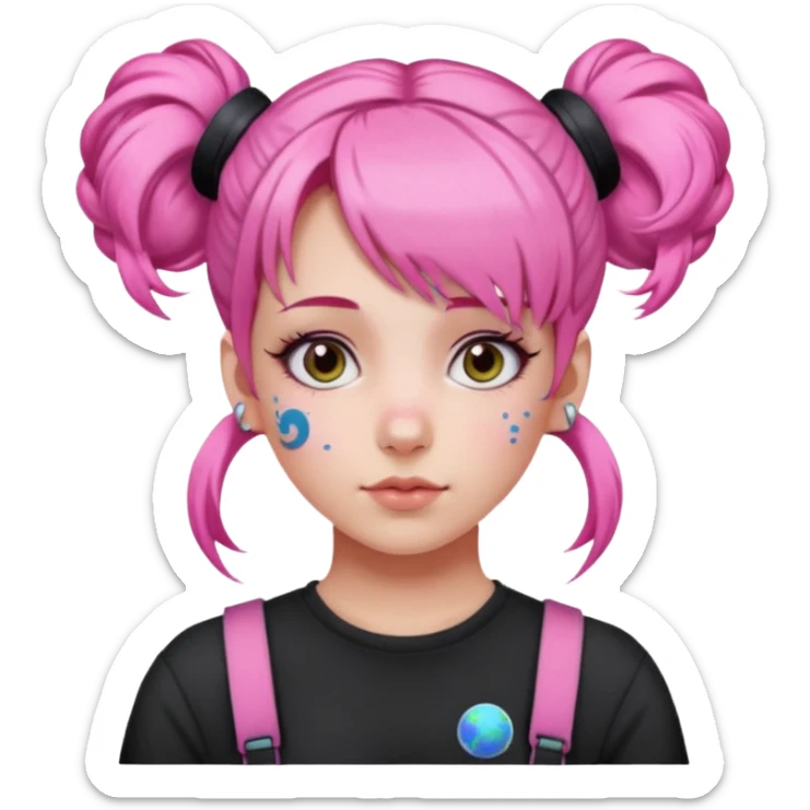 Tattooed girl with space buns and side bang add pink hair sticker