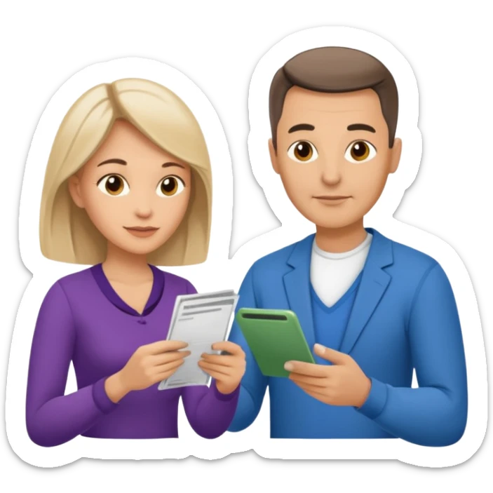 casually dressed stylish  looking husband and wife in their 40s avatars reviewing their finances together  sticker