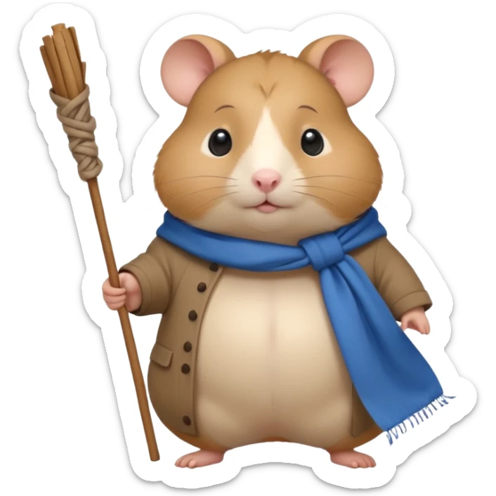 Cute fat cartoon-style hamster, standing upright like a traveler, carrying a stick with a tied blue cloth bundle (bindle) over its shoulder. Painted in a soft, hand-drawn style with light shading, expressive big eyes, and a slightly whimsical, melancholy expression. sticker