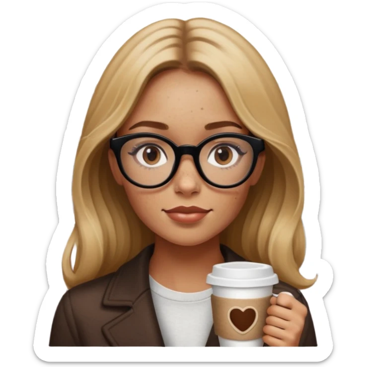 genera una ragazza bionda scura con lentiggini e occhali neri spesso a Londra con in mano un caffè  sticker