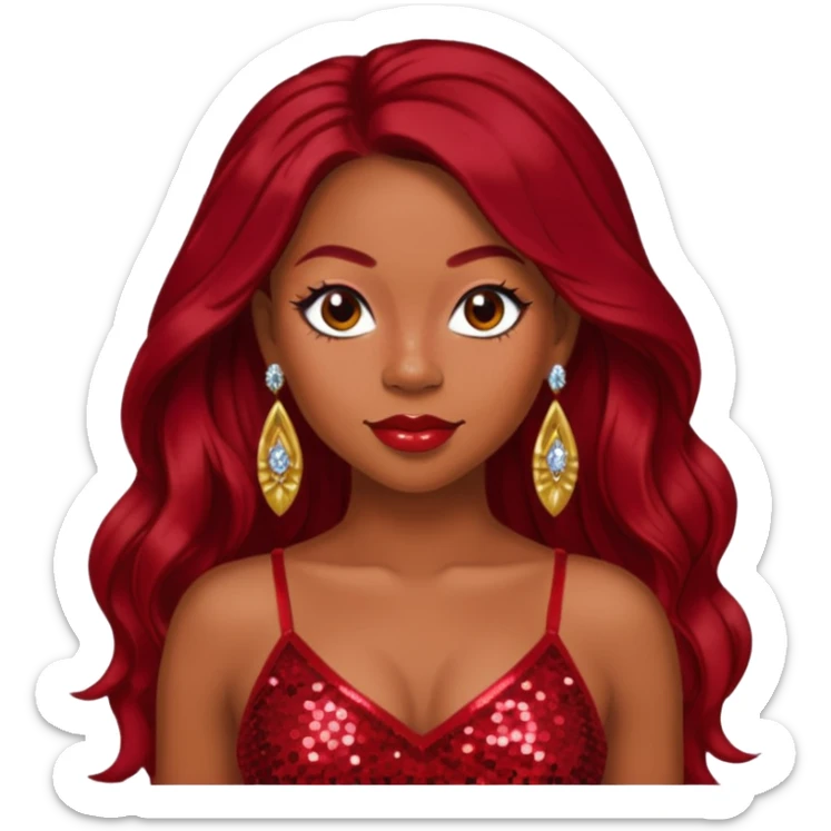 LaTavia Robeson with dark red long hair, red sequin crop top, red earring sticker