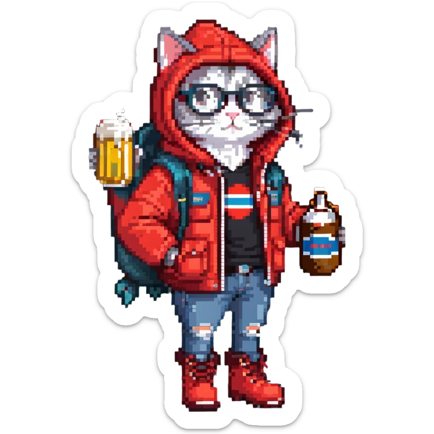 Catfish in red winter jacket with hood, round glasses, blue jeans, red boots, holding a beer can with red label, retro game style sticker