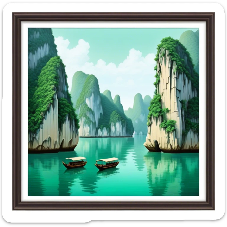 Cinematic Realistic Ha Long Bay Landscape Emoji, depicted with limestone karsts emerging from emerald waters rendered with intricate detail and dynamic natural lighting. sticker