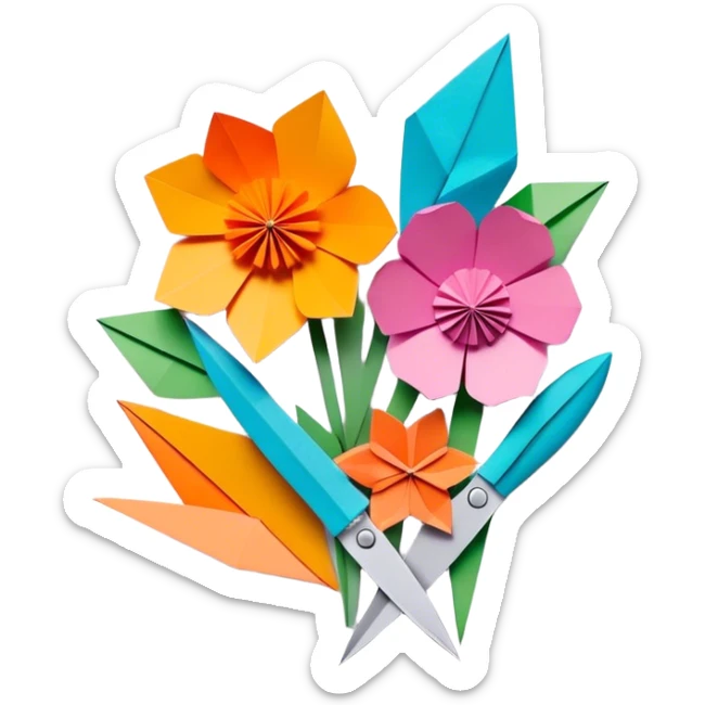 Paper crafting icon, colorful paper sheets, origami figures, 3D paper flowers, visible scissors and craft knife, minimalistic style, clean lines, transparent background. sticker
