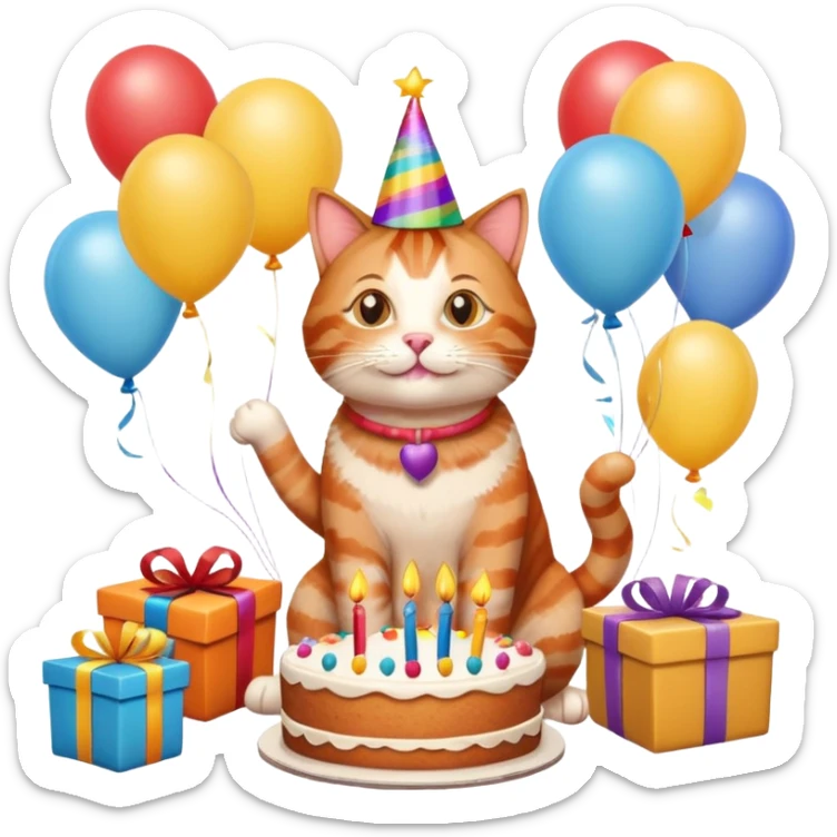 Ginger tabby cat celebrating birthday, birthday hat, birthday cake, balloons, happy, gifts sticker