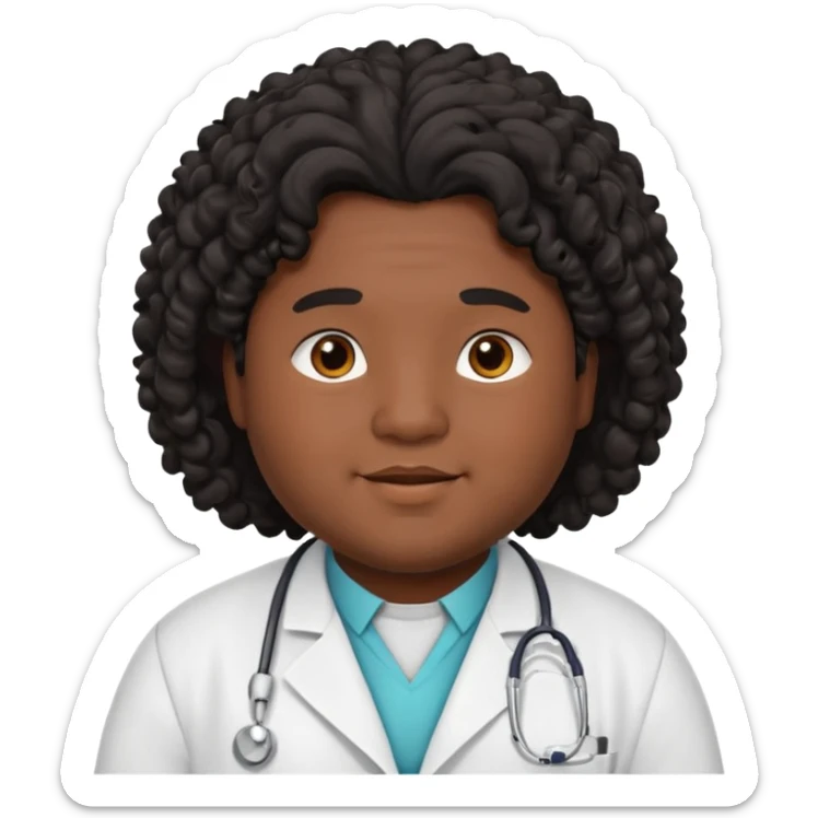 a young chubby male doctor with black long curly hair and cheerful face without gpasses sticker