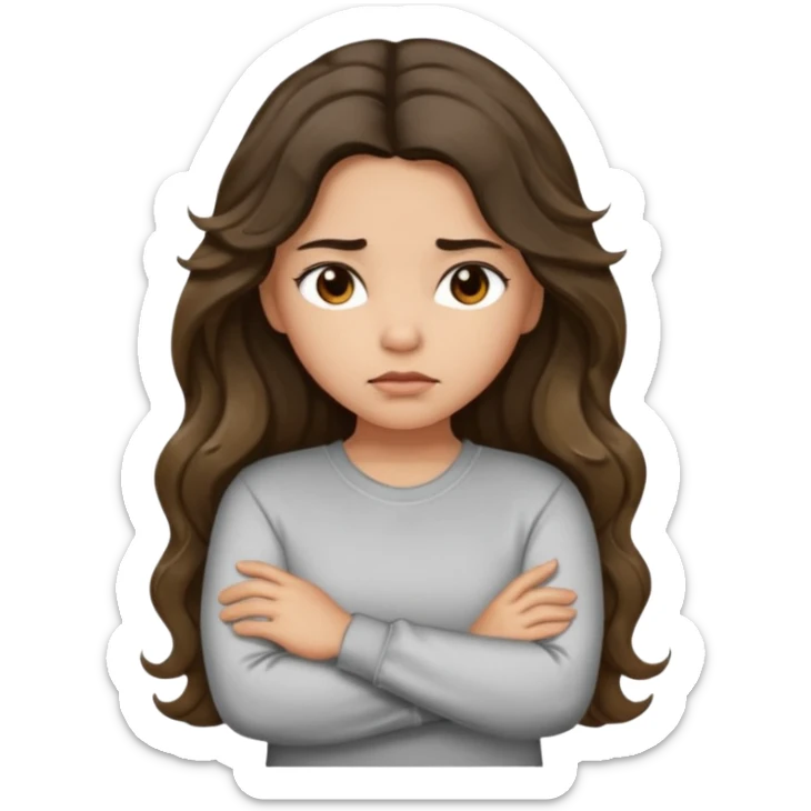 Hispanic light tan girl with long dark wavy hair with arms folded and pouting. Wearing a long sleeve. Hair with middle part. sticker
