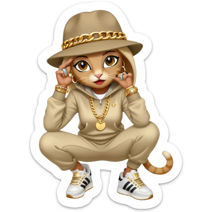 female cat wearing Run DMC hip-hop outfit with tracksuit, fedora, Adidas sneakers, many gold chains, rings, bracelets, flashy earrings, whispering to a friend, no sunglasses sticker