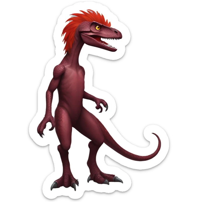 Cool edgy sexy handsome Maroon-colored velociraptor with bright-red messy mane full body sticker
