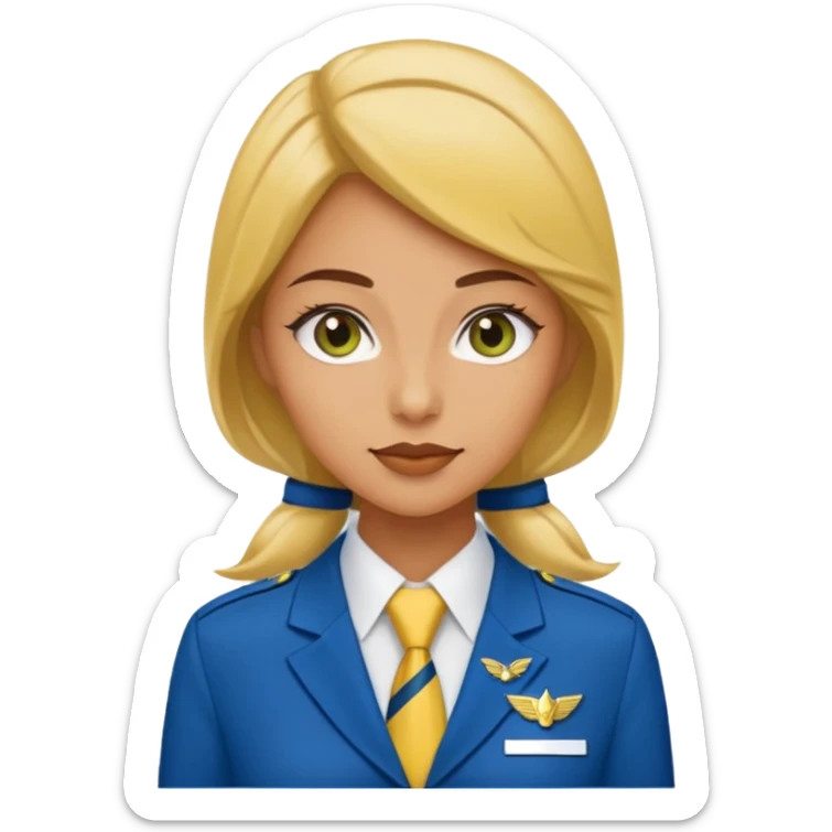 stewardess uniform is yellow and the bottom is skirt navy blue and the tie is green blue sticker