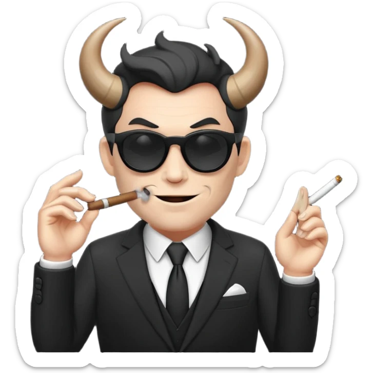 Minimalist emoji-style sticker of a devilish producer in black suit, tiny horns, dark sunglasses, and a smoking cigar, grayscale tones, matte style sticker