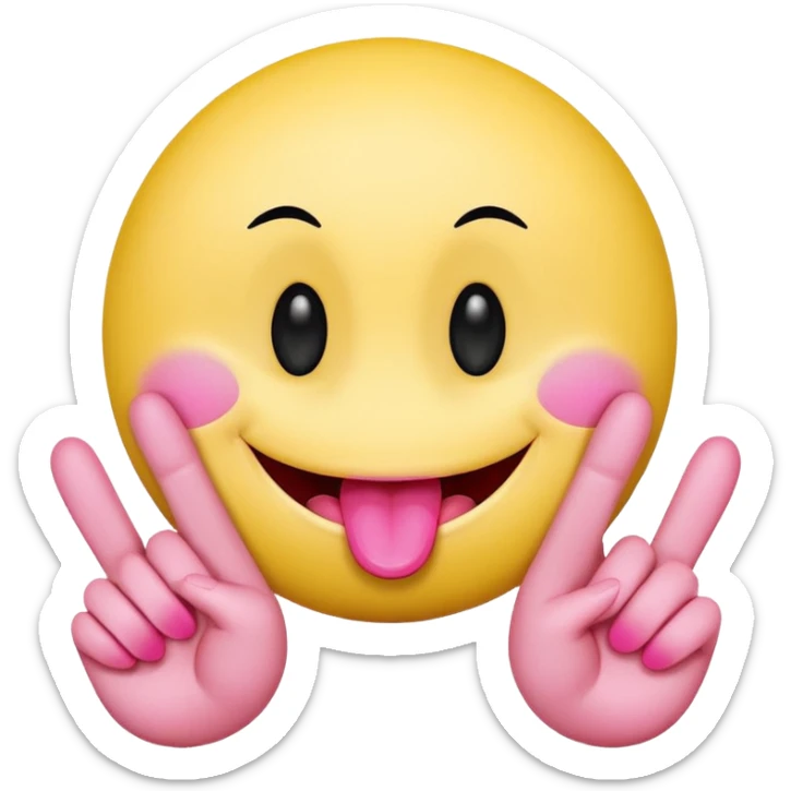The image is a digital illustration of a yellow smiley face with big, round eyes and a big smile. The face is holding a pink tongue sticking out and making a 67 with its fingers. Above the face, The background is white. Like this but get rid of the text but make the hands do the numbers 67 sticker