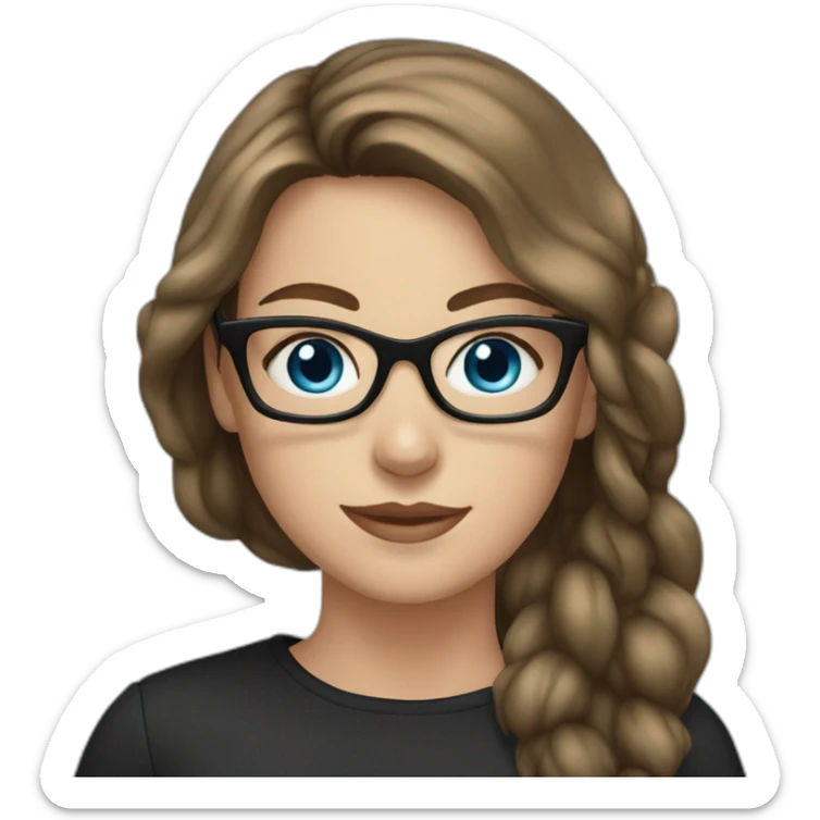 young white woman, brown hair, blue eyes, wearing glasses with black frame sticker