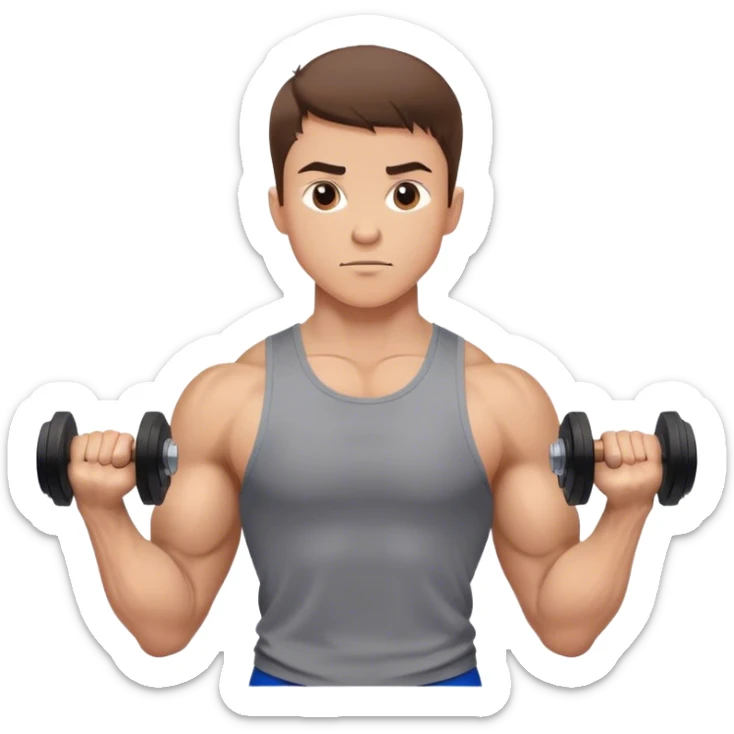 Emoji: A muscular young man with short brown hair, lifting dumbbells or performing a strong workout pose. He wears sportswear, showing determination and strength. The background is simple but gives off a powerful gym or fitness vibe. sticker