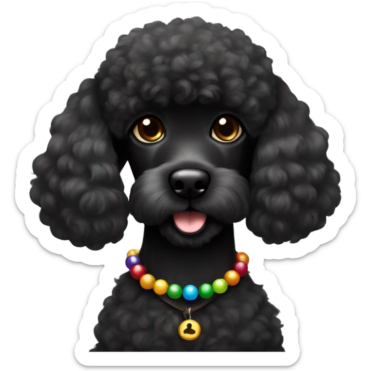 One Small furry Black Poodle with one  colorful bead necklaces with brown harness sticker