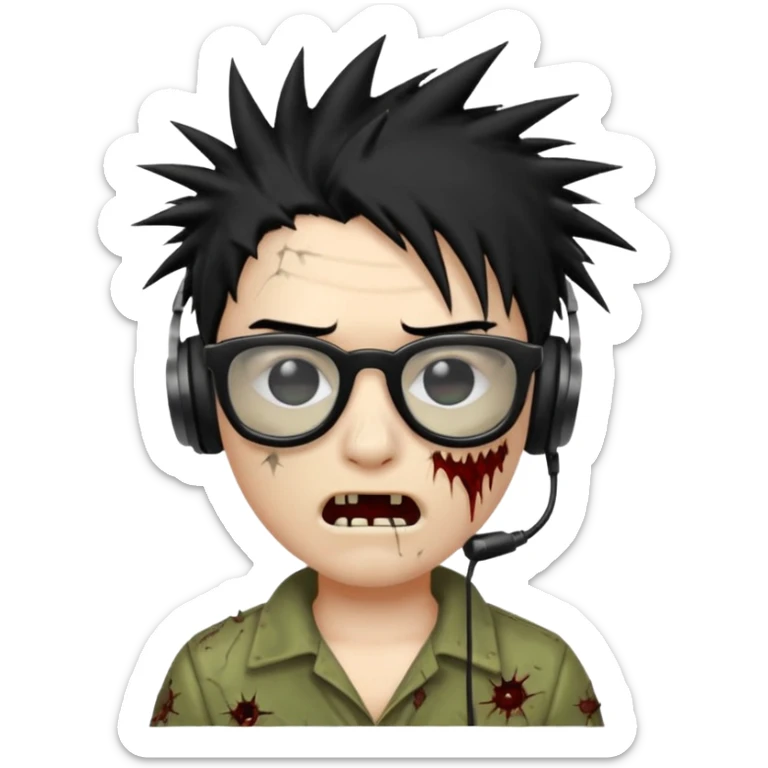 make a zombie iphone emoji with black  glasses, scratches black spiky hair and headphone
 sticker